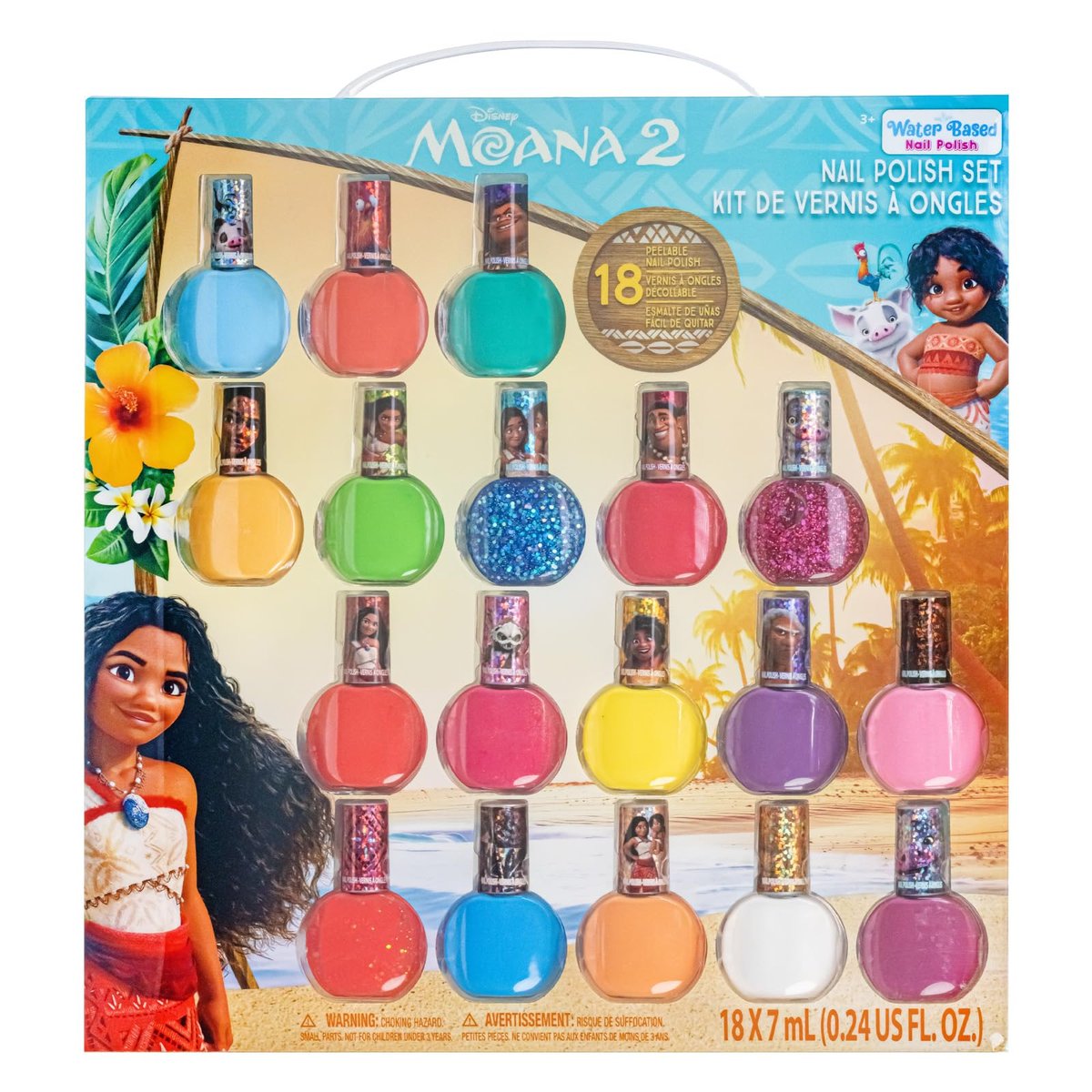 Townley Girl Moana 2 Wasserbasierter abziehbarer Nagellack Set mit Glitzer- und Schimmerfarben für Mädchen ab 3 Jahren – Perfekt für Partys, Spa-Tage und Verkleidungen – 18 Teile