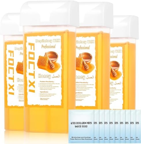 FOCTXI Wachsroller-Kit mit Wachspatronen, Roll-On-Wachs zur Haarentfernung, 4 Honig-Wachspatronen und 10 Reinigungstücher für Frauen