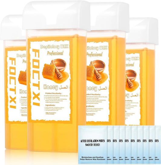 FOCTXI Wachsroller-Kit mit Wachspatronen, Roll-On-Wachs zur Haarentfernung, 4 Honig-Wachspatronen und 10 Reinigungstücher für Frauen