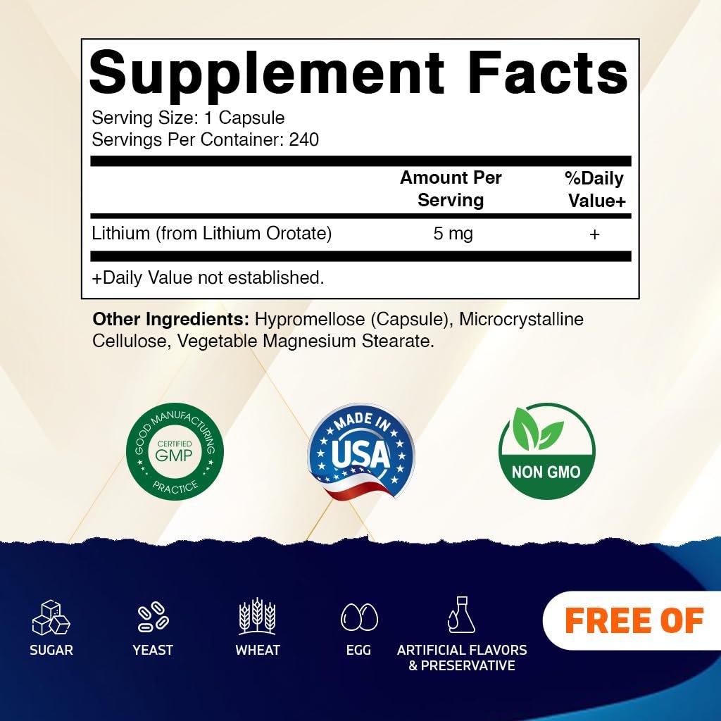 Vitamatic Lithium Orotat 5 mg – 240 vegane Kapseln, Non-GMO, glutenfrei