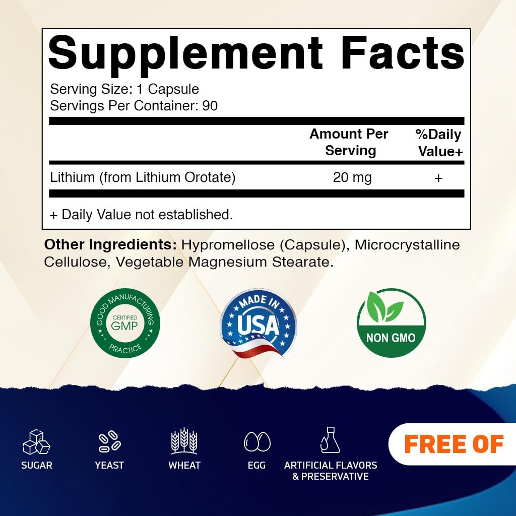 Vitamatic Lithium Orotat 20mg – 90 Kapseln, pflanzliche Kapseln, nicht genetisch verändert, glutenfrei