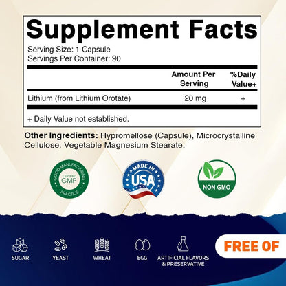 Vitamatic Lithium Orotat 20mg – 90 Kapseln, pflanzliche Kapseln, nicht genetisch verändert, glutenfrei