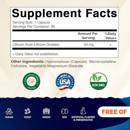 Vitamatic Lithium Orotat 20mg – 90 Kapseln, pflanzliche Kapseln, nicht genetisch verändert, glutenfrei