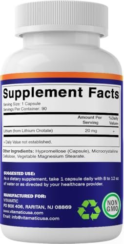 Vitamatic Lithium Orotat 20mg – 90 Kapseln, pflanzliche Kapseln, nicht genetisch verändert, glutenfrei