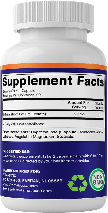 Vitamatic Lithium Orotat 20mg – 90 Kapseln, pflanzliche Kapseln, nicht genetisch verändert, glutenfrei