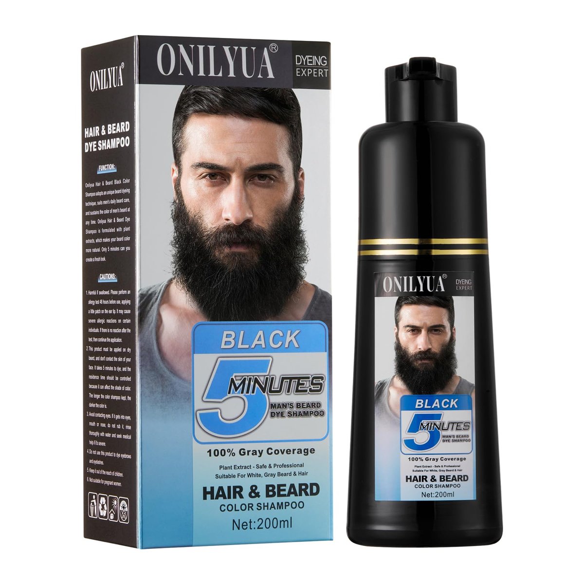 Männer Schwarzer Bartfärber, Grauhaarabdeckung, 3-in-1 Haarfärbe-Shampoo, Schnell & Einfach zu Hause, Lang anhaltende Bartfarbe für Männer 200ml