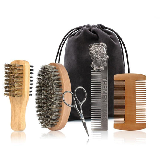 Bartbürsten- und Kamm-Set mit Schnurrbartschere, natürliche Wildschweinborsten, doppelseitige Holzbürste, Herren-Gesichtshaarpflege-Set mit Reisetasche