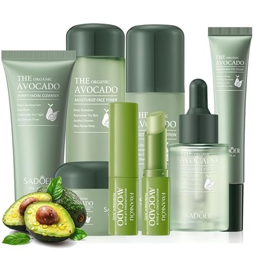 7-teiliges Avocado-Hautpflegeset – Geschenkset mit Gesichtsreiniger, Toner, Lotion, Serum, Creme, Augencreme & Lippenbalsam für feuchtigkeitsspendende & Anti-Aging-Pflege – für Frauen & Teenager