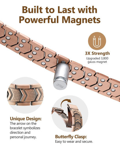 Feraco Kupferarmband für Herren 3-fache Stärke, Magnettherapie-Armband aus Kupfer mit starken 3800 Gauss Magneten, Premium-Faltschließe (Upgrade)