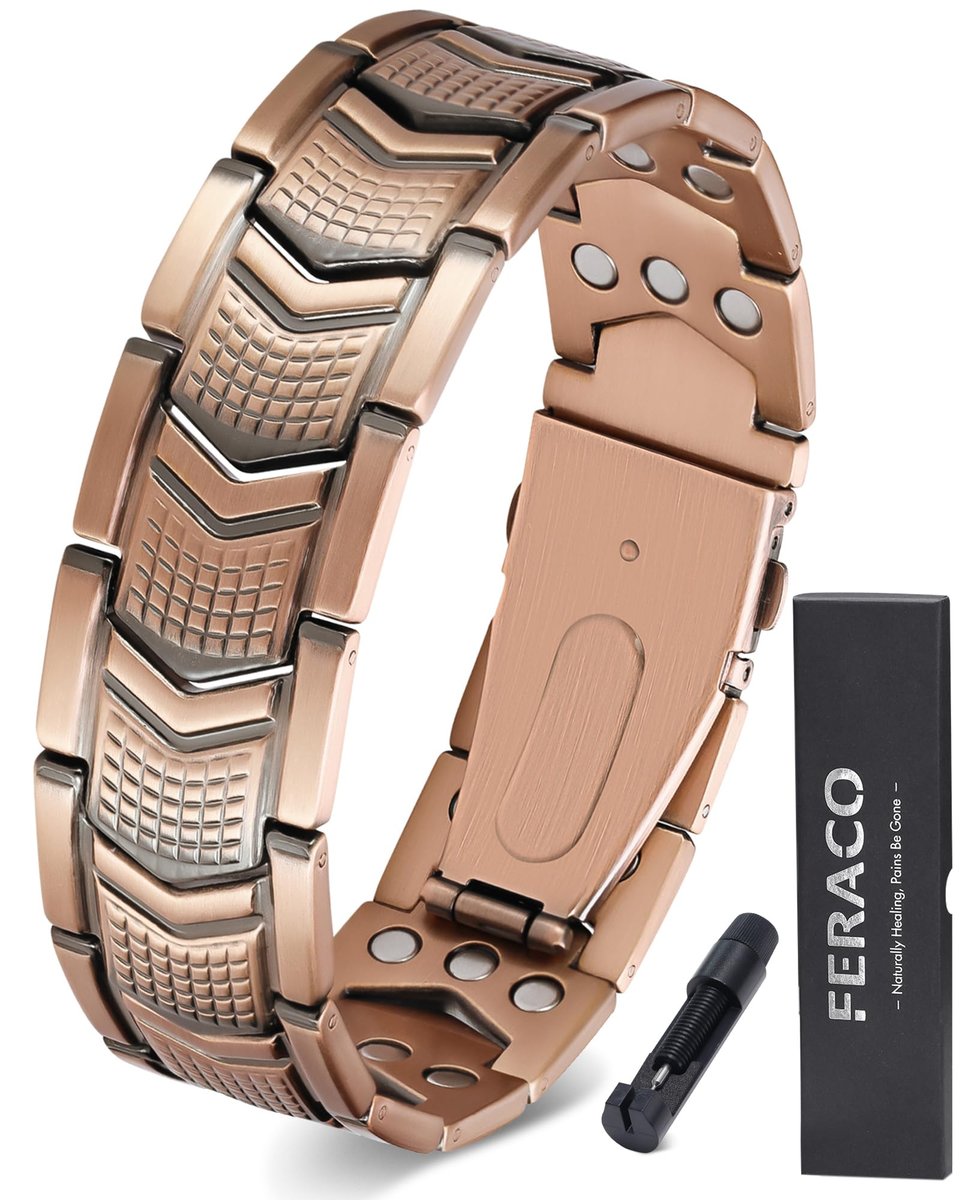 Feraco Kupferarmband für Herren 3-fache Stärke, Magnettherapie-Armband aus Kupfer mit starken 3800 Gauss Magneten, Premium-Faltschließe (Upgrade)