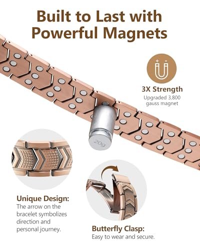 Feraco Kupferarmband für Herren 3-fache Stärke, Magnettherapie-Armband aus Kupfer mit starken 3800 Gauss Magneten, Premium-Faltschließe (Upgrade)