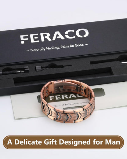 Feraco Kupferarmband für Herren 3-fache Stärke, Magnettherapie-Armband aus Kupfer mit starken 3800 Gauss Magneten, Premium-Faltschließe (Upgrade)