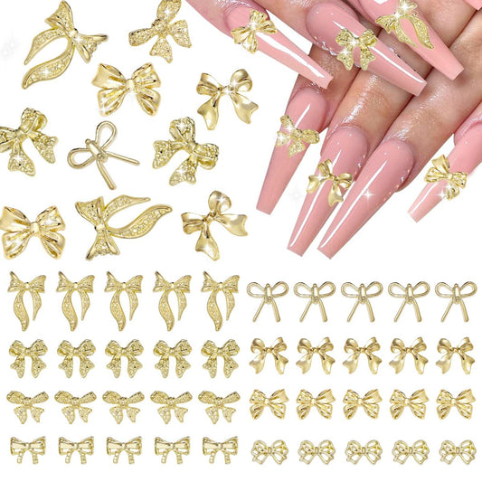 40 Stück Metallbogen-Nagelcharm, Legierung 3D Goldene Schleifen-Nagelverzierungen, Luxuriöse Glänzende Fliege-Nagel-Edelstein-Accessoires