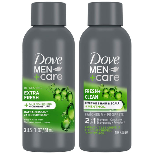 Dove Men+Care Reiseset – Extra Fresh Körper- & Gesichtswaschcreme & Fresh + Clean 2-in-1 Shampoo, 3 Oz (2er-Pack)