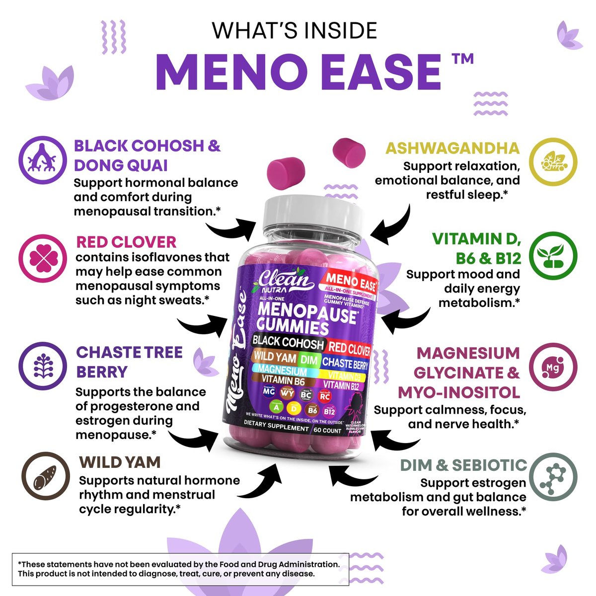 Clean Nutraceuticals Menopause Gummies – Hormonbalance, Nachtliche Erleichterung & Stimmungsunterstützung mit Traubensilberkerze, DIM, Wild Yam, Magnesium, Rotklee, Vitamin D3, B6, B12 (60 Gummies)