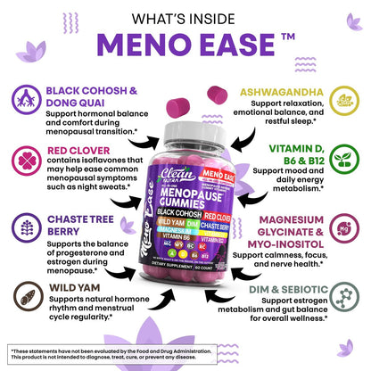Clean Nutraceuticals Menopause Gummies – Hormonbalance, Nachtliche Erleichterung & Stimmungsunterstützung mit Traubensilberkerze, DIM, Wild Yam, Magnesium, Rotklee, Vitamin D3, B6, B12 (60 Gummies)