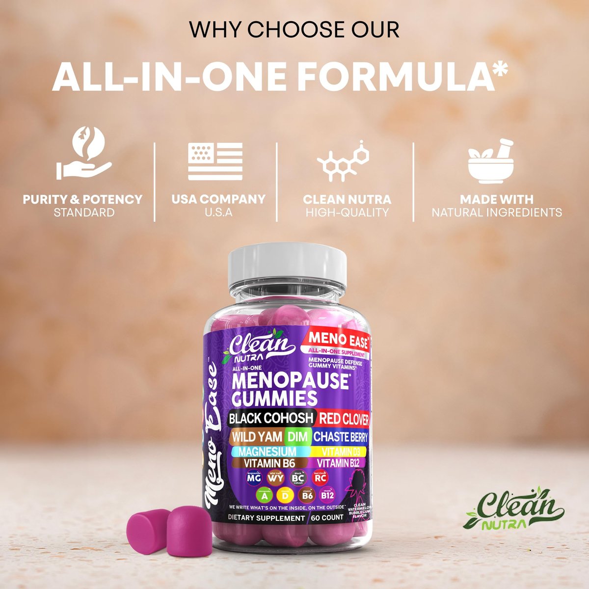 Clean Nutraceuticals Menopause Gummies – Hormonbalance, Nachtliche Erleichterung & Stimmungsunterstützung mit Traubensilberkerze, DIM, Wild Yam, Magnesium, Rotklee, Vitamin D3, B6, B12 (60 Gummies)