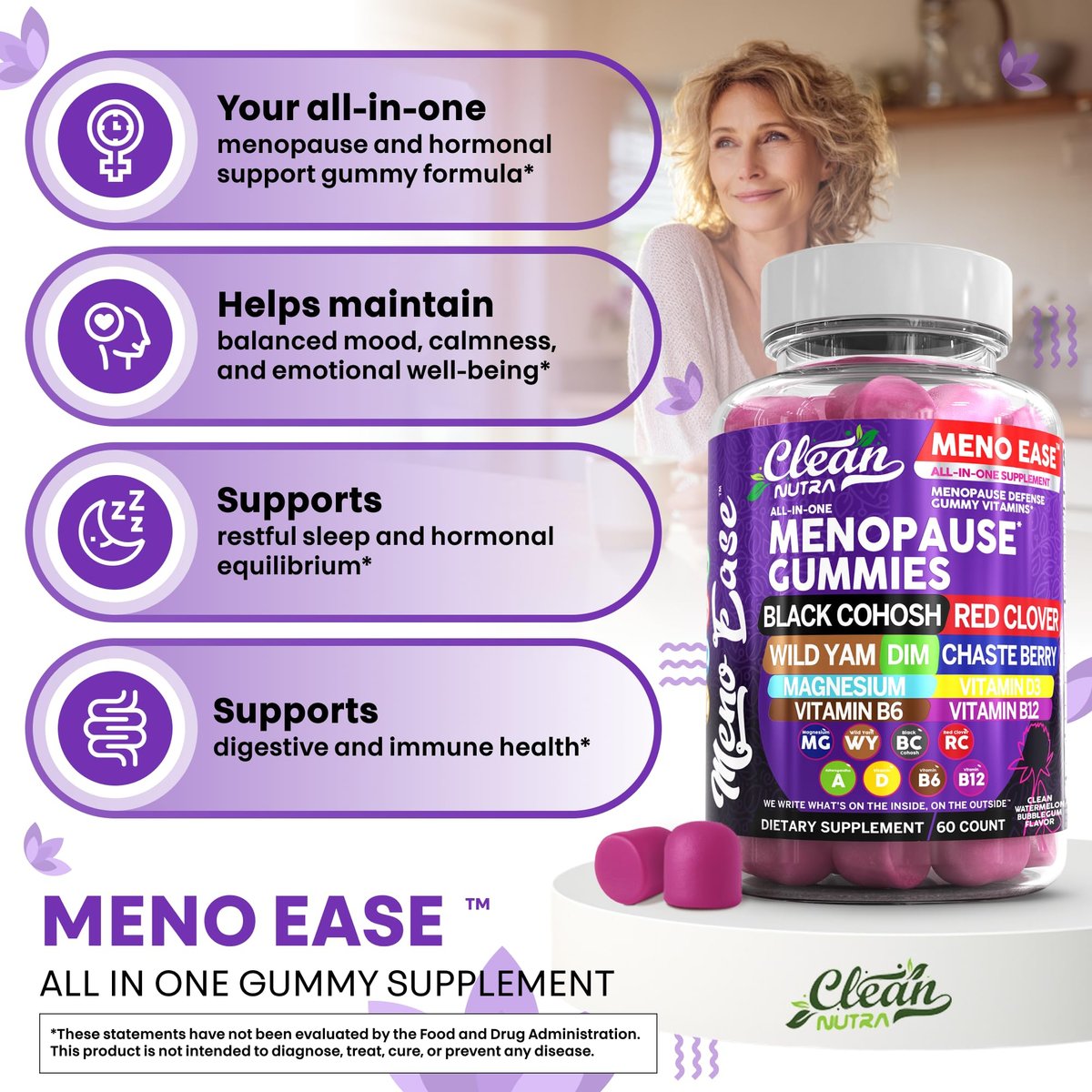 Clean Nutraceuticals Menopause Gummies – Hormonbalance, Nachtliche Erleichterung & Stimmungsunterstützung mit Traubensilberkerze, DIM, Wild Yam, Magnesium, Rotklee, Vitamin D3, B6, B12 (60 Gummies)