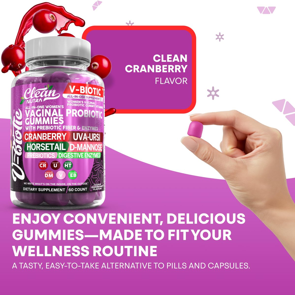 Clean Nutra Vbiotic Gummies – Cranberry, Schachtelhalm, D-Mannose, UVA-Ursi, probiotischer Komplex, Enzymkomplex, 60 Stück (2er-Pack)