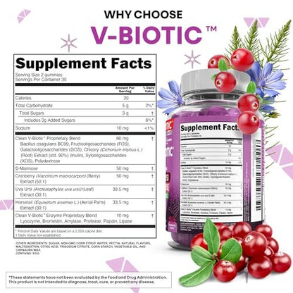 Clean Nutra Vbiotic Gummies – Cranberry, Schachtelhalm, D-Mannose, UVA-Ursi, probiotischer Komplex, Enzymkomplex, 60 Stück (2er-Pack)
