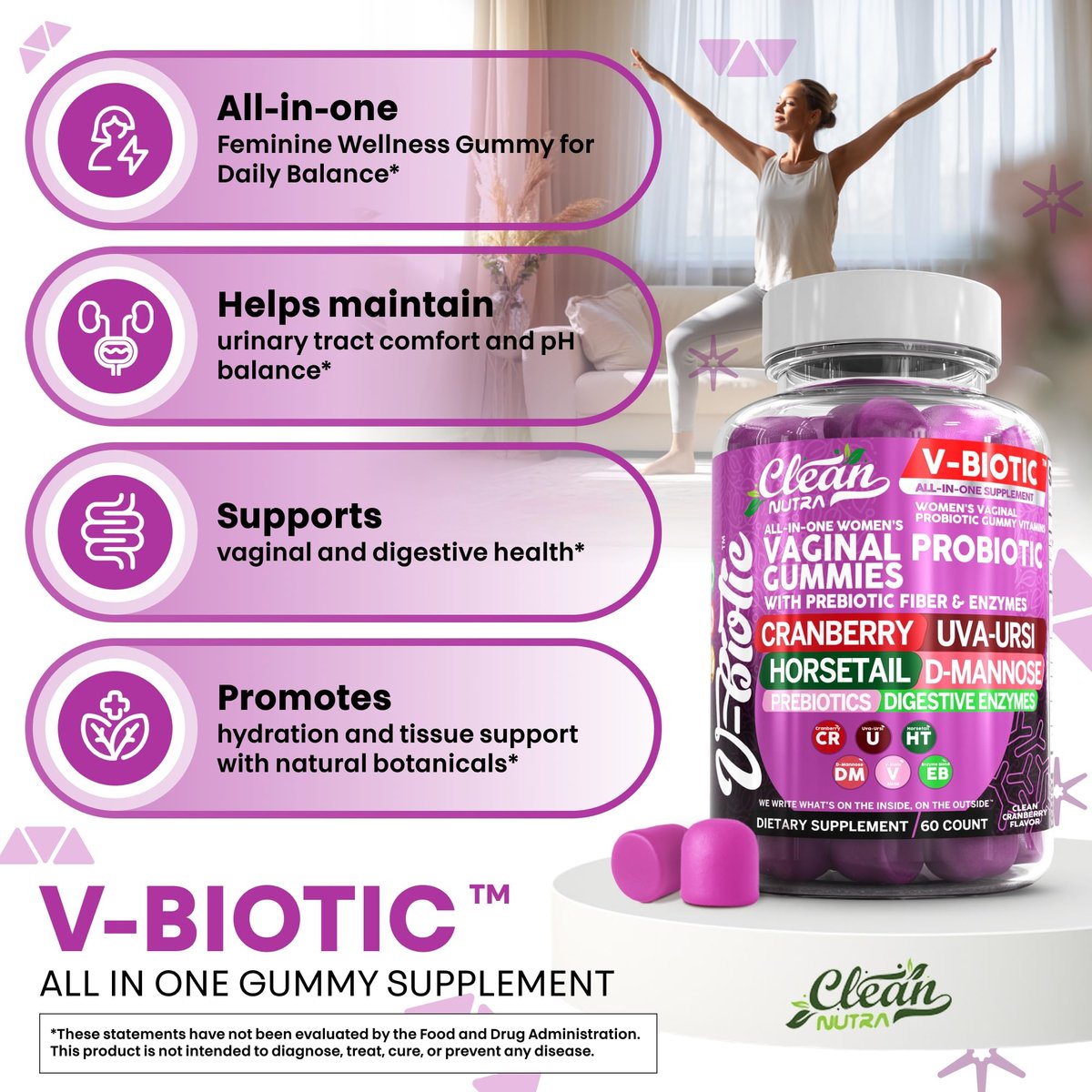 Clean Nutra Vbiotic Gummies – Cranberry, Schachtelhalm, D-Mannose, UVA-Ursi, probiotischer Komplex, Enzymkomplex, 60 Stück (2er-Pack)