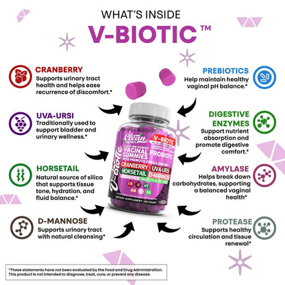 Clean Nutra Vbiotic Gummies – Cranberry, Schachtelhalm, D-Mannose, UVA-Ursi, probiotischer Komplex, Enzymkomplex, 60 Stück (2er-Pack)