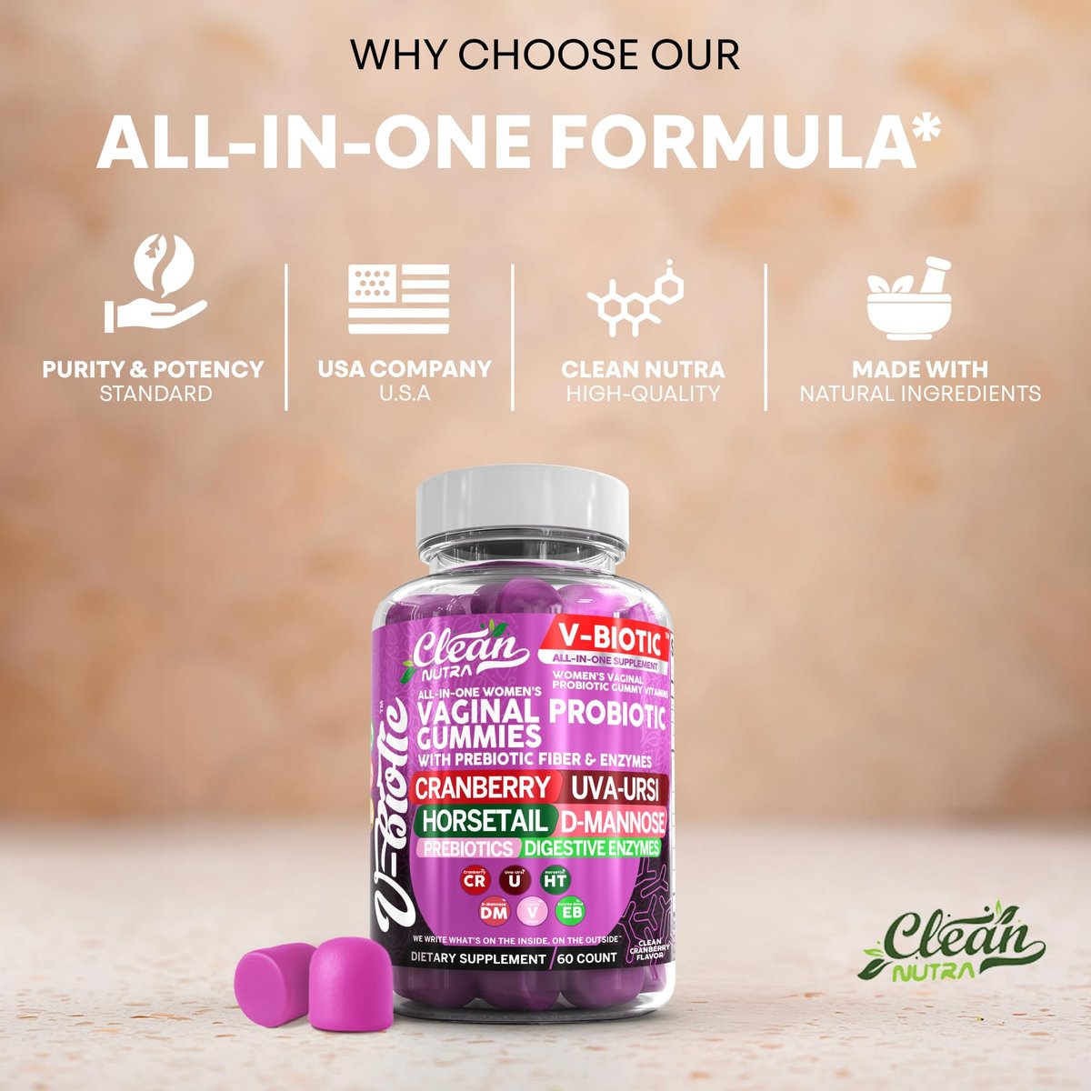 Clean Nutra Vbiotic Gummies – Cranberry, Schachtelhalm, D-Mannose, UVA-Ursi, probiotischer Komplex, Enzymkomplex, 60 Stück (2er-Pack)