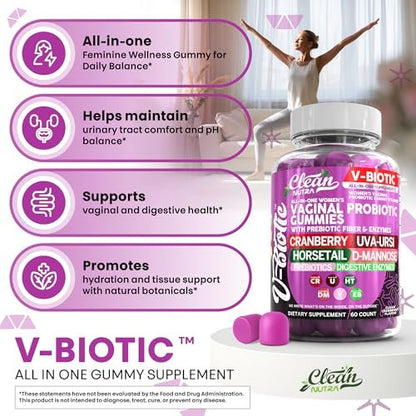 Clean Nutra Vbiotic Gummies – Cranberry, Schachtelhalm, D-Mannose, UVA-Ursi, probiotischer Komplex, Enzymkomplex, 60 Stück (2er-Pack)