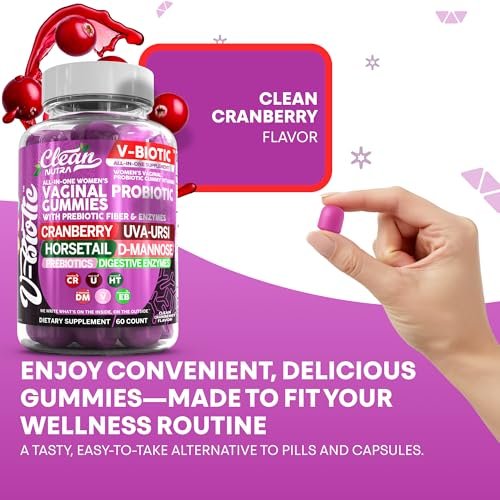 Clean Nutra Vbiotic Gummies – Cranberry, Schachtelhalm, D-Mannose, UVA-Ursi, probiotischer Komplex, Enzymkomplex, 60 Stück (2er-Pack)