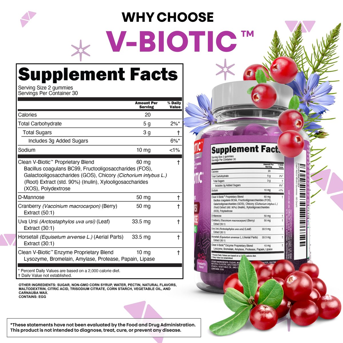 Clean Nutra Vbiotic Gummies – Cranberry, Schachtelhalm, D-Mannose, UVA-Ursi, probiotischer Komplex, Enzymkomplex, 60 Stück (2er-Pack)