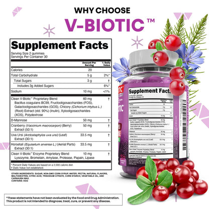 Clean Nutra Vbiotic Gummies – Cranberry, Schachtelhalm, D-Mannose, UVA-Ursi, probiotischer Komplex, Enzymkomplex, 60 Stück (2er-Pack)