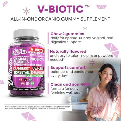 Clean Nutra Vbiotic Gummies – Cranberry, Schachtelhalm, D-Mannose, UVA-Ursi, probiotischer Komplex, Enzymkomplex, 60 Stück (2er-Pack)