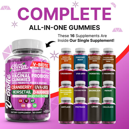 Clean Nutra Vbiotic Gummies – Cranberry, Schachtelhalm, D-Mannose, UVA-Ursi, probiotischer Komplex, Enzymkomplex, 60 Stück (2er-Pack)