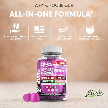 Clean Nutra Vbiotic Gummies – Cranberry, Schachtelhalm, D-Mannose, UVA-Ursi, probiotischer Komplex, Enzymkomplex, 60 Stück (2er-Pack)