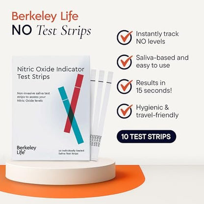 Berkeley Life Nitric Oxide Teststreifen – Heimtest-Kit zur Speichelmessung des Stickoxidspiegels für Männer & Frauen – 10 einzeln versiegelte Indikatorstreifen