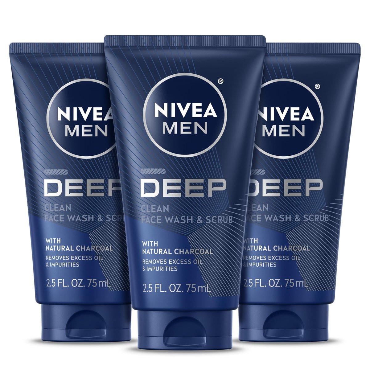 NIVEA MEN Deep Clean Gesichtsreinigung und Peeling mit Aktivkohle – 3er-Pack (3 x 75 ml)