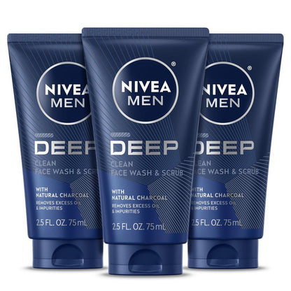 NIVEA MEN Deep Clean Gesichtsreinigung und Peeling mit Aktivkohle – 3er-Pack (3 x 75 ml)