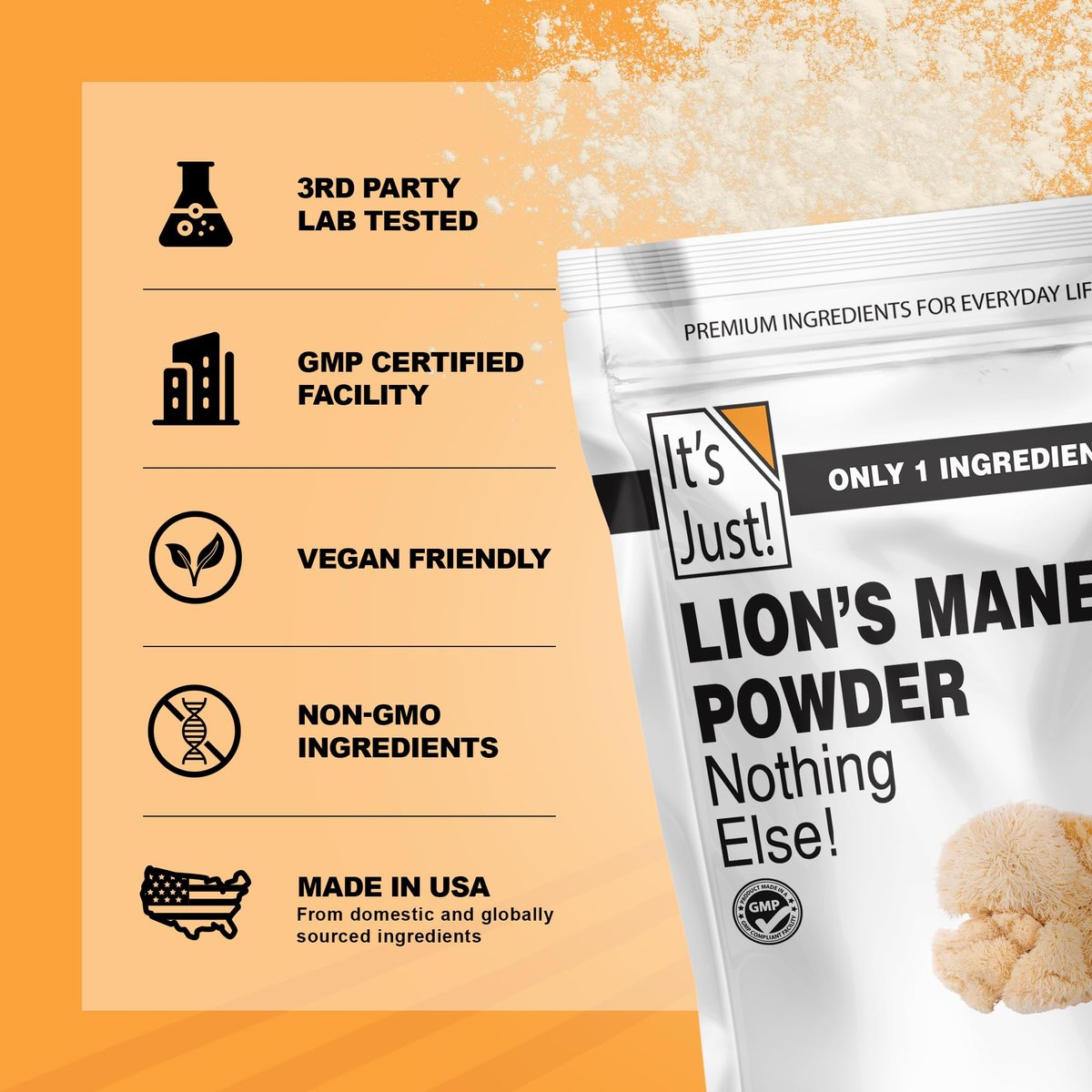 It's Just! - Löwenmähnen-Pilzpulver, natürliches Roh-Superfood, Gehirnunterstützung, Immunsystem, Energie, Non-GMO, 227g
