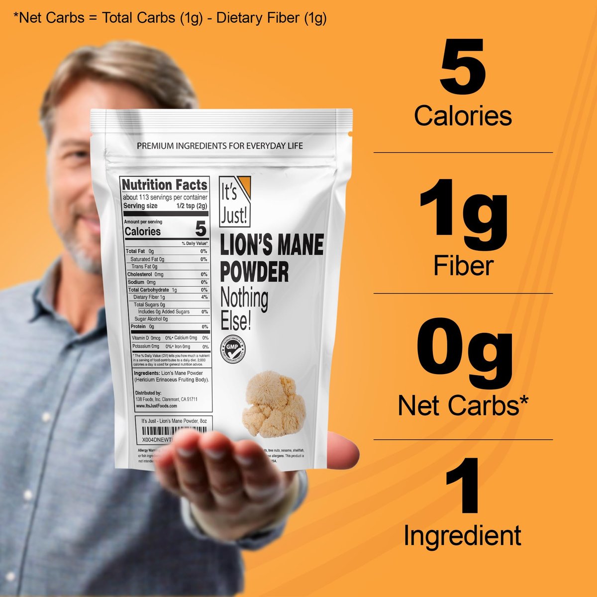 It's Just! - Löwenmähnen-Pilzpulver, natürliches Roh-Superfood, Gehirnunterstützung, Immunsystem, Energie, Non-GMO, 227g