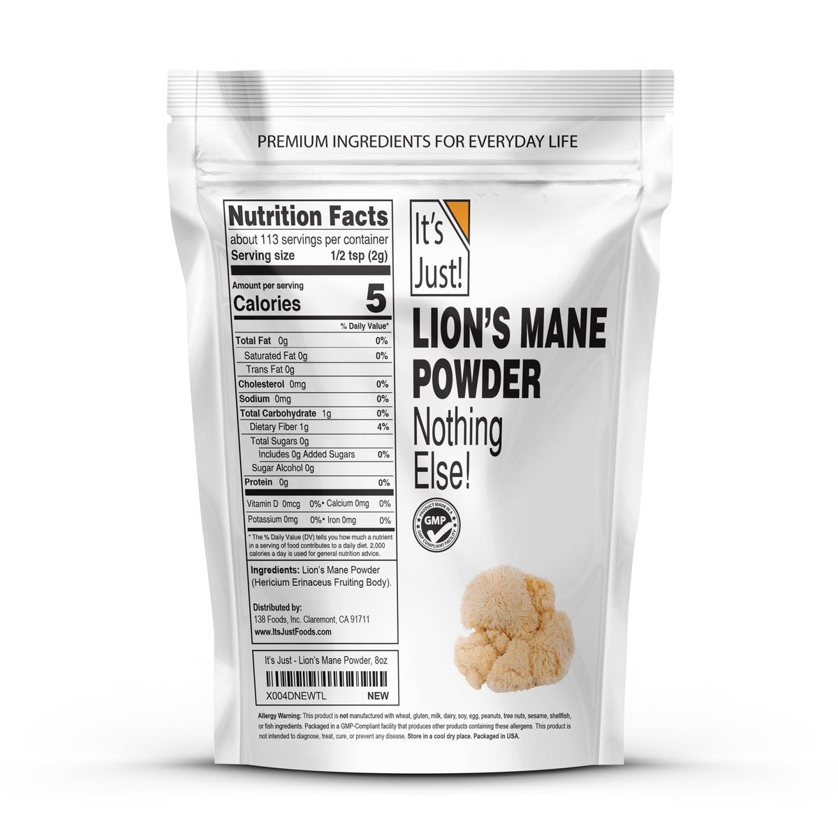 It's Just! - Löwenmähnen-Pilzpulver, natürliches Roh-Superfood, Gehirnunterstützung, Immunsystem, Energie, Non-GMO, 227g