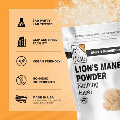It's Just! - Löwenmähnen-Pilzpulver, natürliches Roh-Superfood, Gehirnunterstützung, Immunsystem, Energie, Non-GMO, 227g