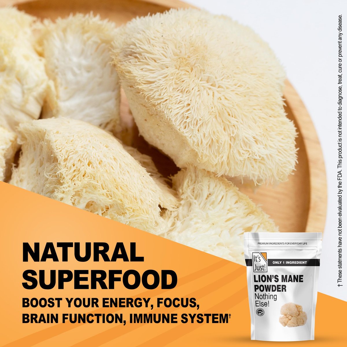 It's Just! - Löwenmähnen-Pilzpulver, natürliches Roh-Superfood, Gehirnunterstützung, Immunsystem, Energie, Non-GMO, 227g