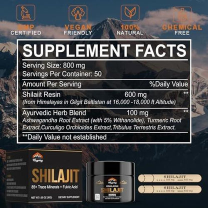 Shilajit Pure Himalayan Organic Resin - 800mg Gold Grade Shilajit Resin mit Fulvinsäure & 85+ Spurenelementen für Energie, Stärke & Immunität, Shilajit für Männer & Frauen, 800mg
