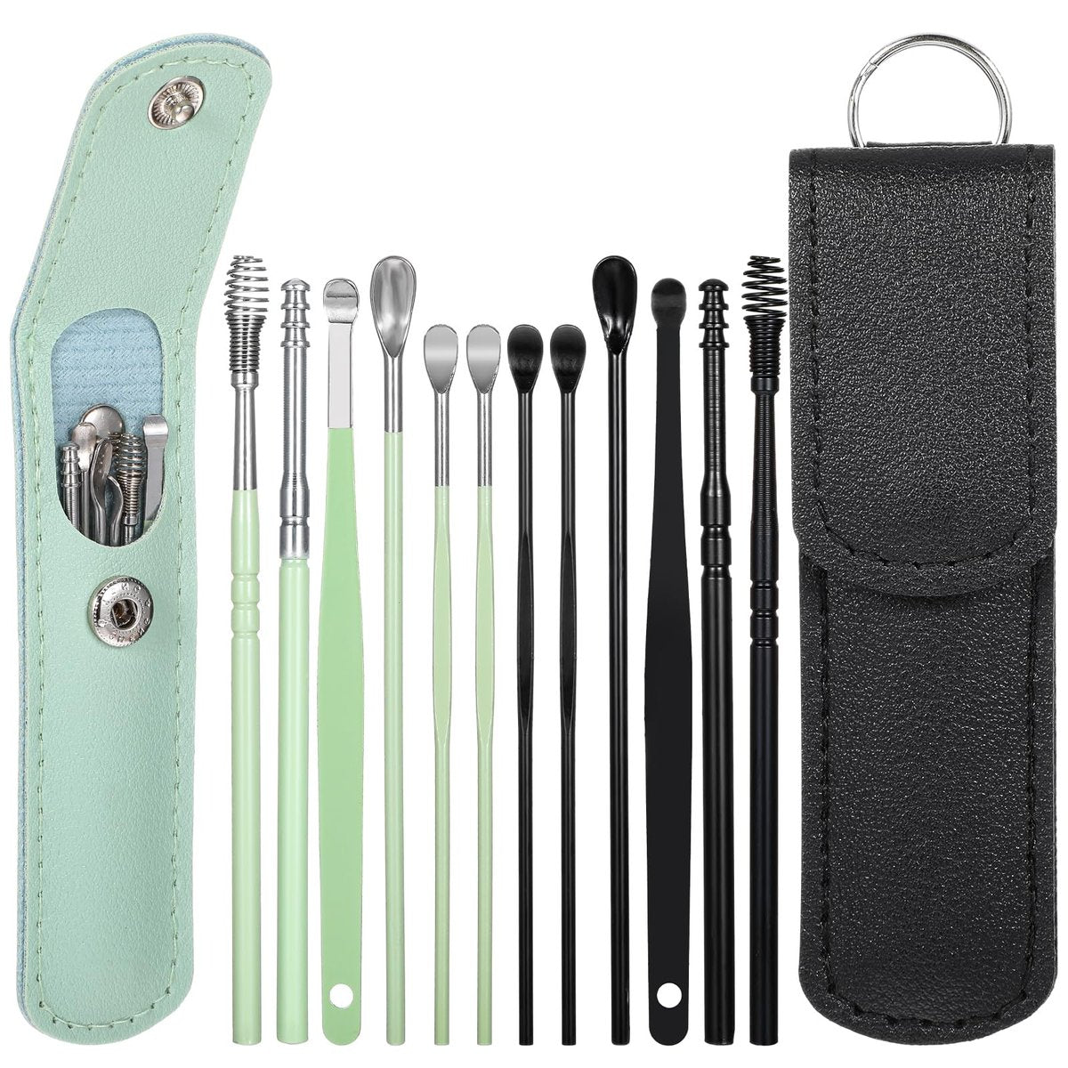 Prasacco 12-teiliges/2 Sets Ohrenschmalz-Entfernungsset, Ohrreinigungswerkzeug-Set, Ohrpickel, Edelstahl, sicher, mit PU-Etui (Schwarz+Grün)
