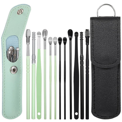 Prasacco 12-teiliges/2 Sets Ohrenschmalz-Entfernungsset, Ohrreinigungswerkzeug-Set, Ohrpickel, Edelstahl, sicher, mit PU-Etui (Schwarz+Grün)