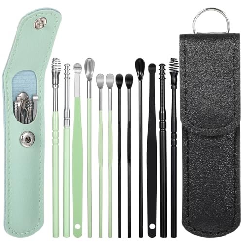 Prasacco 12-teiliges/2 Sets Ohrenschmalz-Entfernungsset, Ohrreinigungswerkzeug-Set, Ohrpickel, Edelstahl, sicher, mit PU-Etui (Schwarz+Grün)