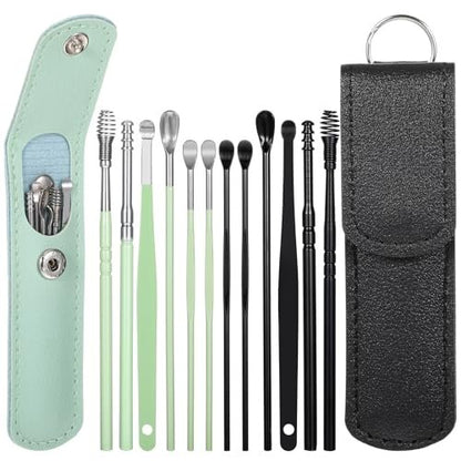 Prasacco 12-teiliges/2 Sets Ohrenschmalz-Entfernungsset, Ohrreinigungswerkzeug-Set, Ohrpickel, Edelstahl, sicher, mit PU-Etui (Schwarz+Grün)