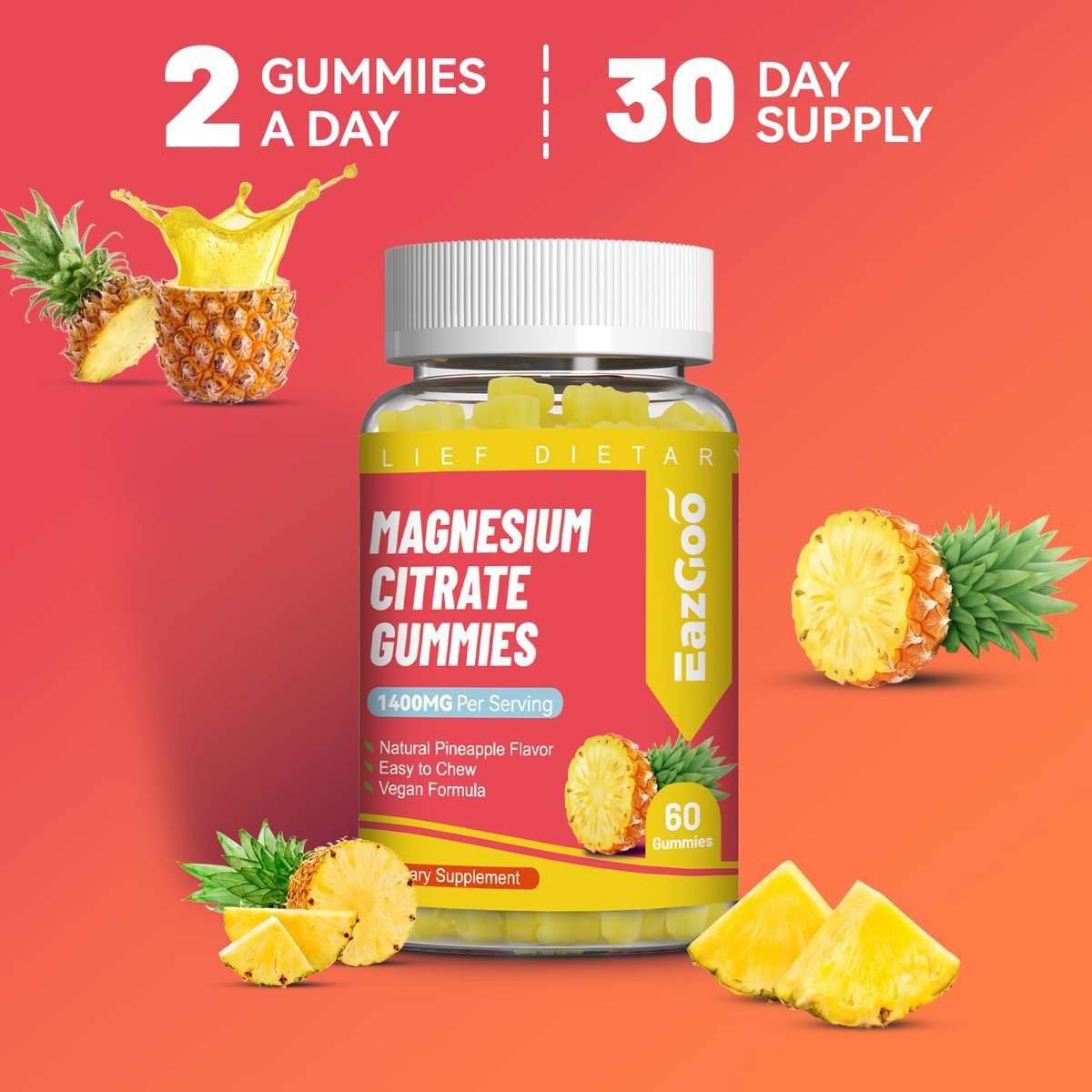 EAZGOO 1400 mg Magnesiumcitrat Gummis – Hochdosiertes Magnesium für Erwachsene, Extra starke vegane Gummis zur Förderung der Entspannung, 60 Stück