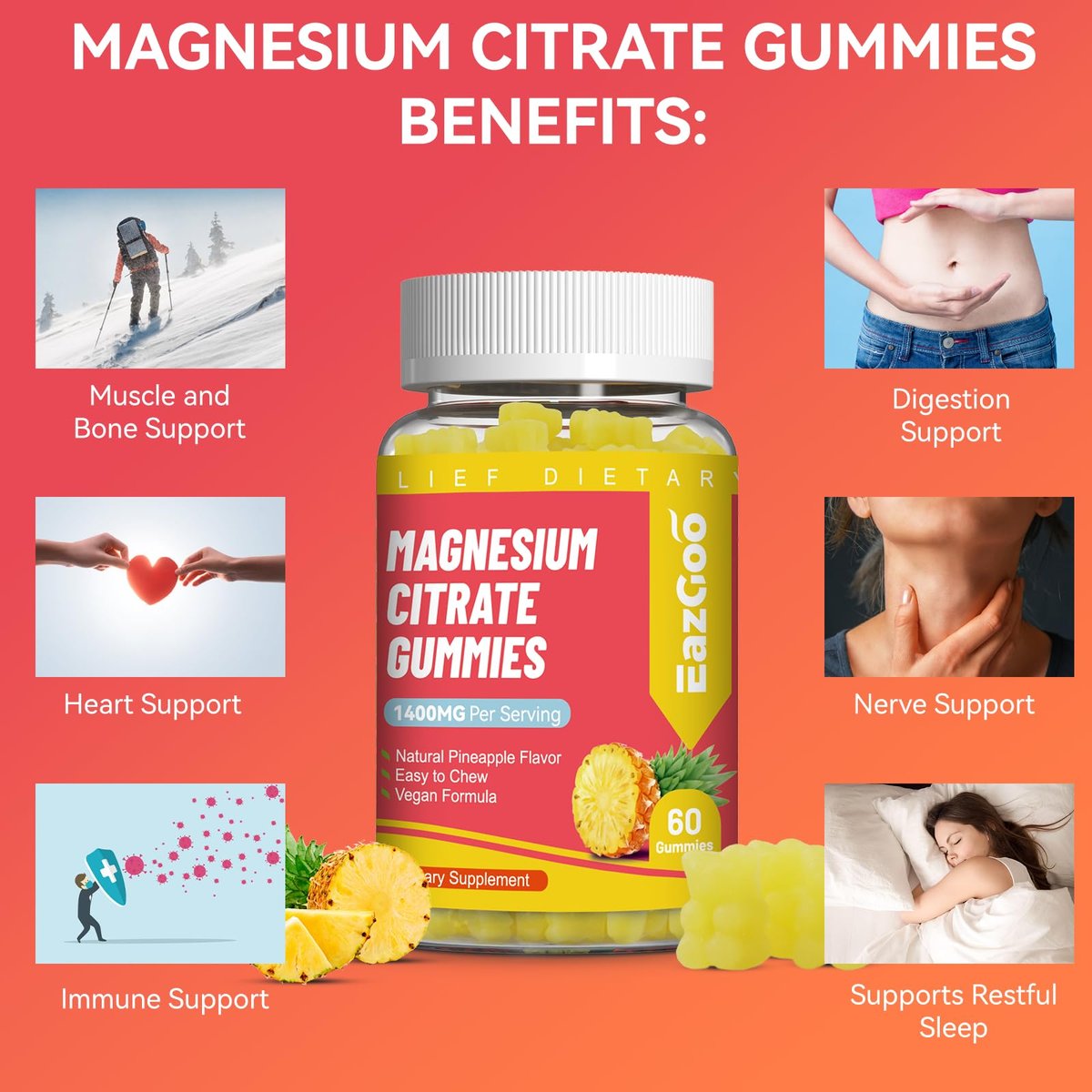 EAZGOO 1400 mg Magnesiumcitrat Gummis – Hochdosiertes Magnesium für Erwachsene, Extra starke vegane Gummis zur Förderung der Entspannung, 60 Stück