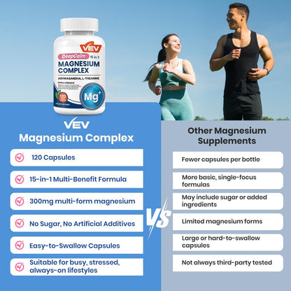 VEV DeepCalm 15-in-1 Magnesium Komplex für Frauen & Männer – Magnesiumpräparat mit Glycinat & Citrat, Ashwagandha & L-Theanin, 120 vegane Kapseln
